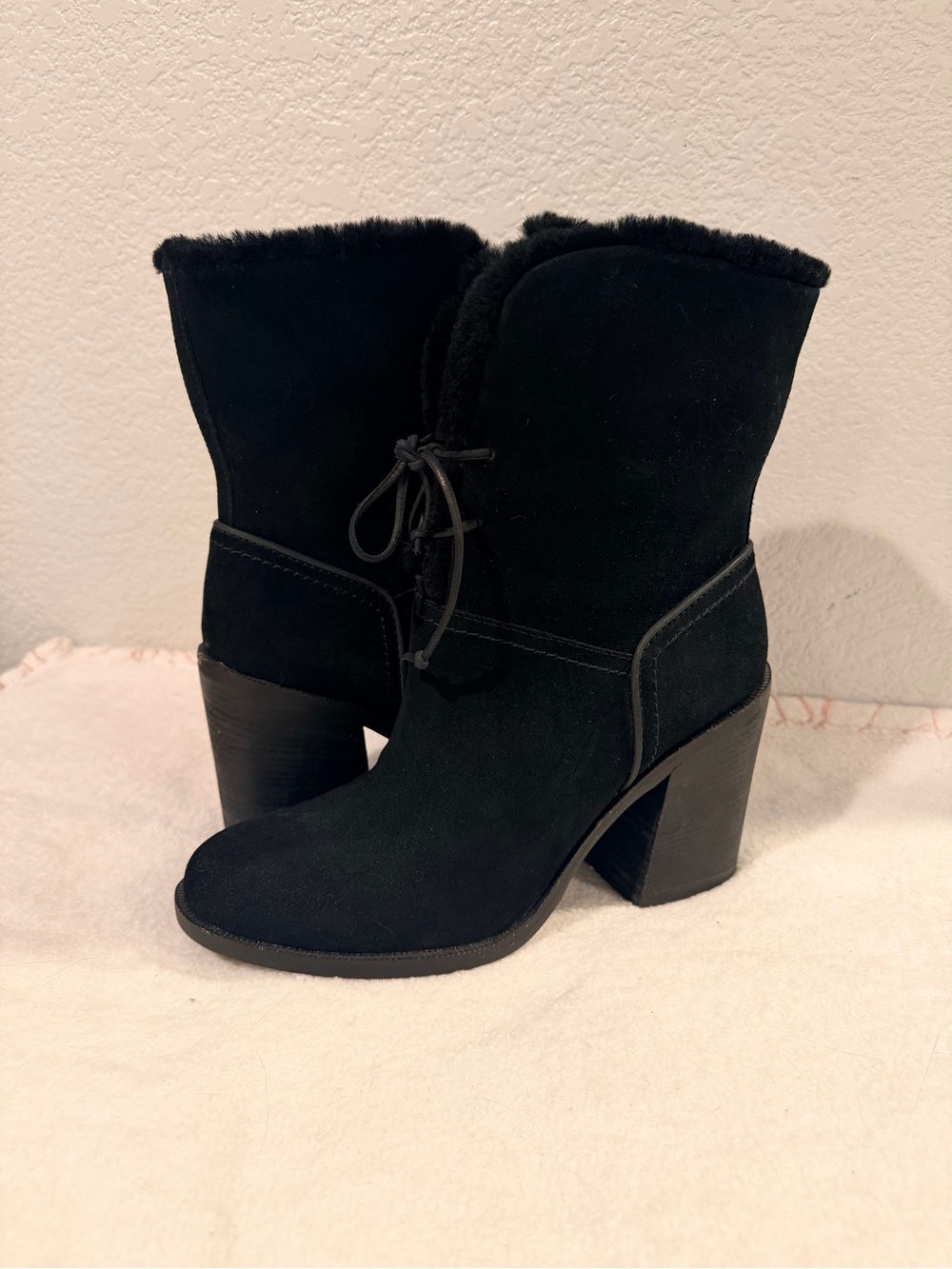 Women’s Black Suede Block Heel Fur-Trim Ankle Boots